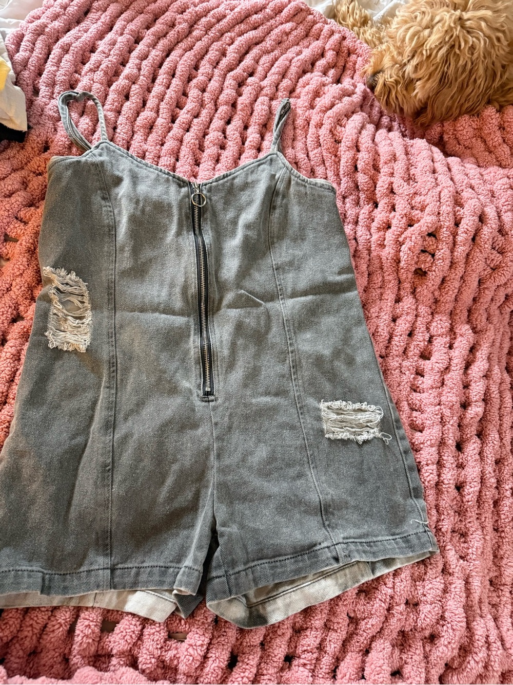 POL Gray Washed Distressed Denim Zip Front Romper